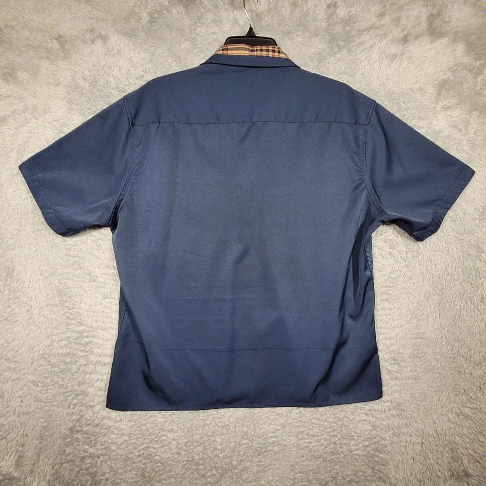 Coofandy‎ Mens Short Sleeve Button Up Shirt Plaid Trim Blue Casual Large